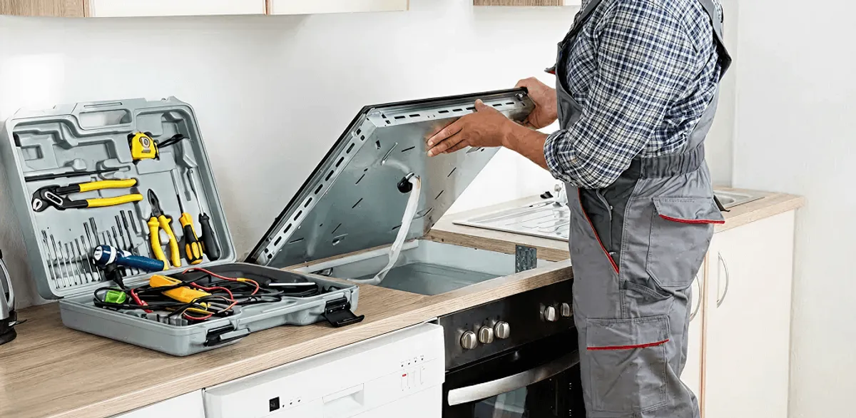 Handyman repairing a cooktop and checking wiring connections in Fresno, CA