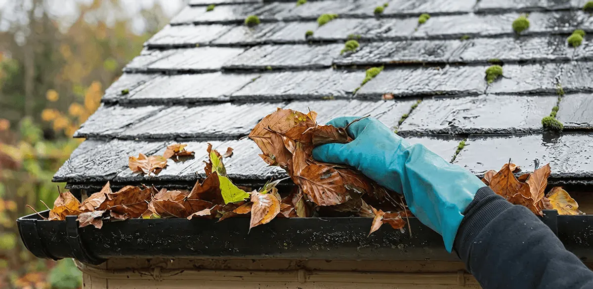 Gutter cleaning technician clearing wet leaves from roof gutters in Fresno, CA