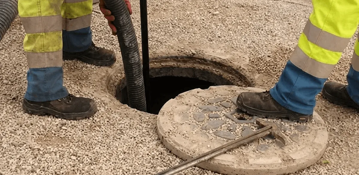Drain cleaning crew clearing a sewer access point with professional equipment in Fresno, CA